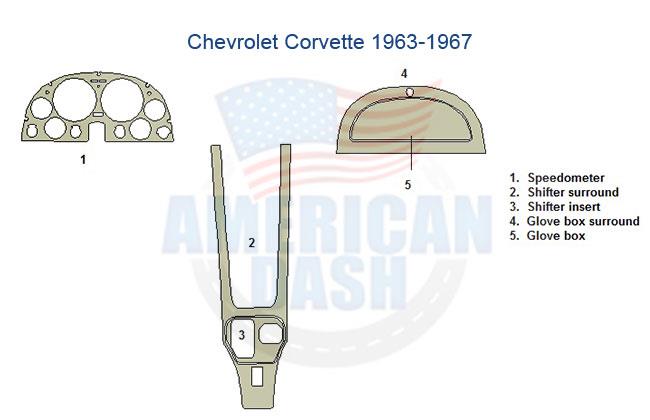 Chevrolet Corvette 1955-1956 parts diagram featuring a wood dash kit.