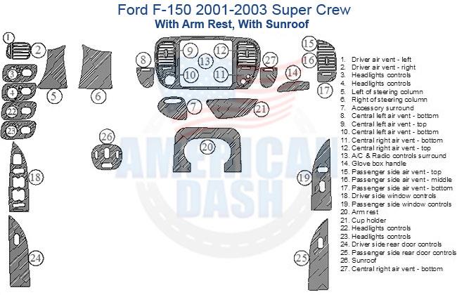 A diagram showing the parts of a ford super crew with a car dash kit.