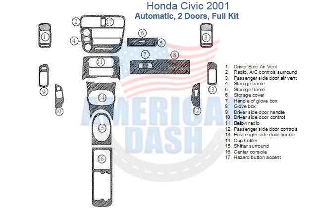 Honda civic 2001 interior car kit including a dash trim kit and various accessories for the car.