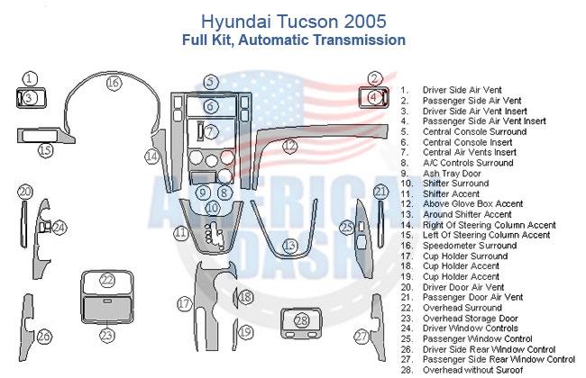 Hyundai Tuscan 2005 interior parts diagram showcasing the car dash kit and interior dash trim kit for accessories.