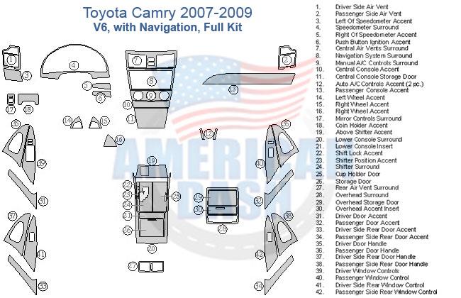 Toyota camry 2009 interior parts diagram featuring wood dash kit and interior dash trim kit accessories for car.