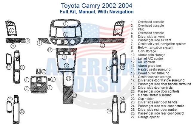 Toyota Camry 2002-2004 full manual with navigation comes with a car dash kit for added accessories and a dash trim kit.