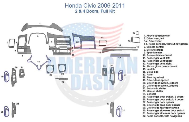 Honda civic 2 door dash kit includes accessories for car and interior car kit.