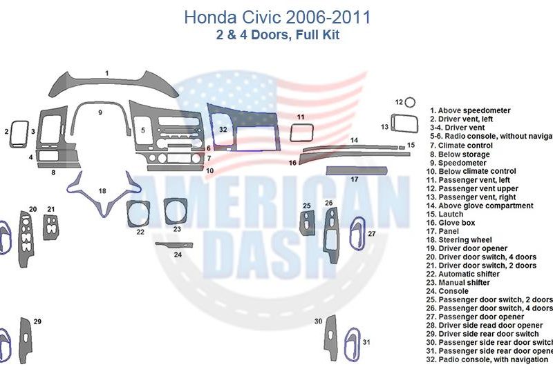 Honda civic 2 door dash kit includes accessories for car and interior car kit.