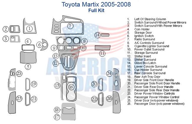 Toyota Matrix 2006 - 2008 interior parts diagram showcasing a selection of accessories for car and an interior dash trim kit.