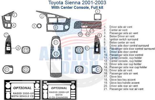 Toyota sienna 2010-2013 with center console dash trim kit and wiring diagram.