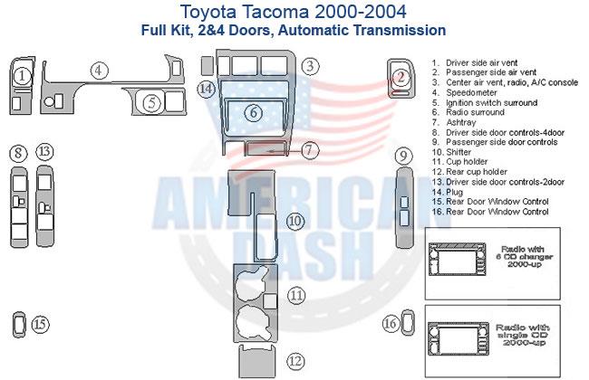 Toyota Tacoma 2004 interior parts diagram with wood dash kit.