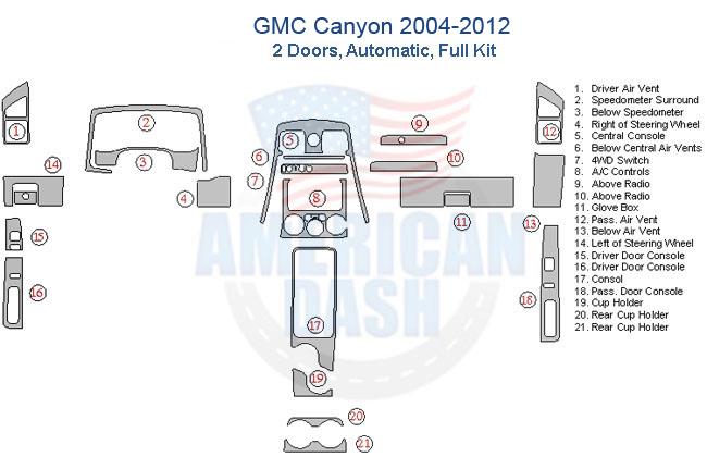 Gmc canyon 2006 - 2012 interior parts diagram and wood dash kit.