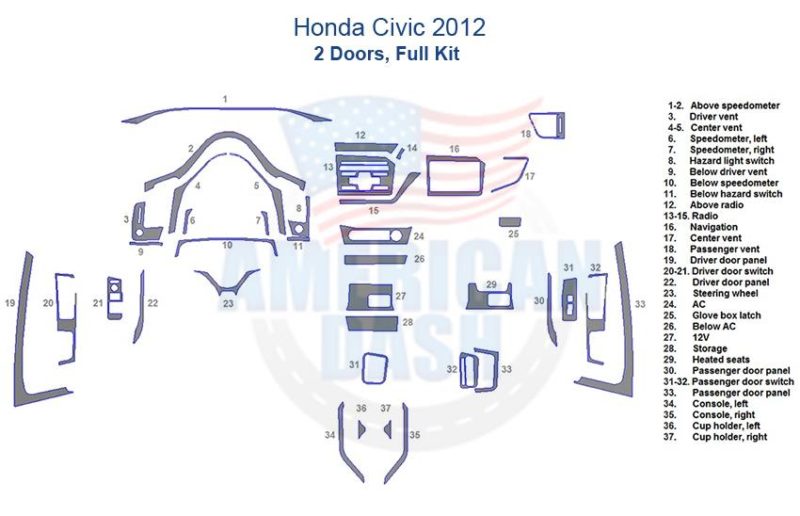 Honda civic 2012 interior parts diagram showcasing accessories for car, including an interior car kit and wood dash kit.
