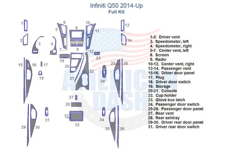 A diagram of the interior of a 2013 Infiniti GS showcasing the wood dash kit.