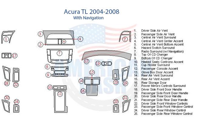 Acura 2006-2008 interior parts diagram for a car dash kit.