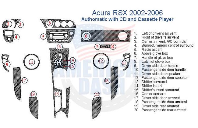 Acura RSX 2006 interior dash trim kit and wood dash kit include a wiring diagram for the CD player.