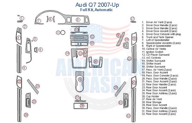 A diagram showing the parts of a 2007 Audi A4, including interior dash trim kit accessories for car.