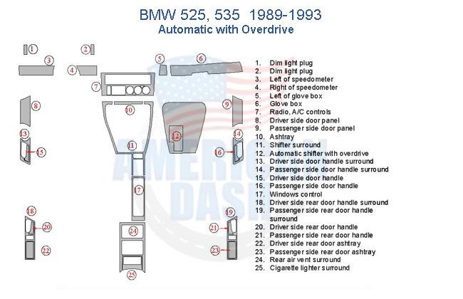 A diagram of the interior of a BMW 325i showcasing an Interior dash trim kit.