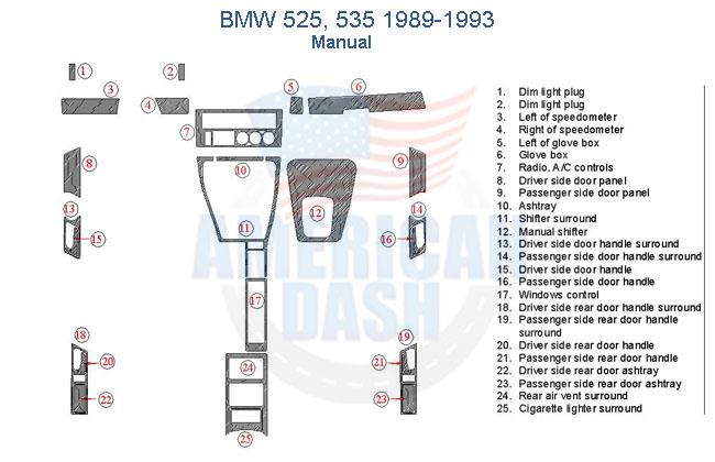 A diagram showcasing the interior dash trim kit of a BMW, including car accessories.