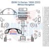 A diagram showing the parts of a BMW S Series including accessories for car such as a dash trim kit and wood dash kit.