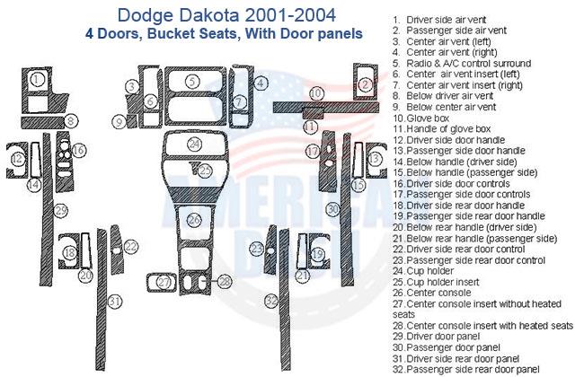Dodge Dakota 2002-2004 dash and door panel parts diagram.