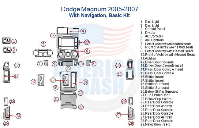 A diagram showing the parts of a dodge magnum with a Wood dash kit and Accessories for car.