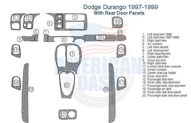 Dodge Durango interior car kit and dash trim kit diagram.