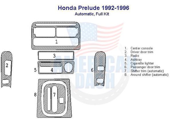 A diagram of the interior of a Honda Prelude, featuring a Wood dash kit.