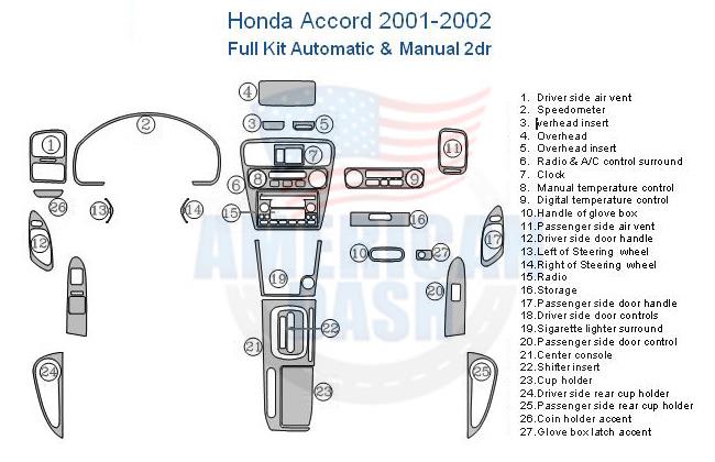 Honda accord 2000-2002 full auto and manual car parts diagram for the Interior car kit.