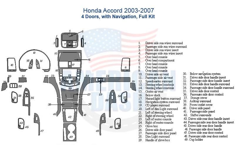 Honda Accord 2006 - 2007 wiring diagram with interior dash trim kit, wood dash kit and accessories for car.