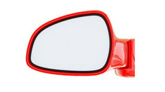 A red side view mirror with a white background and an interior dash trim kit.