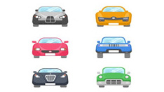 A set of different colored cars with a wood dash kit on a white background.