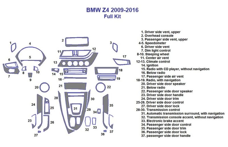 A diagram of the interior of a Fits BMW Z4 2009 2010 2011 2012 2013 2014 2015 2016 showcasing the dash trim kit and accessories for car.