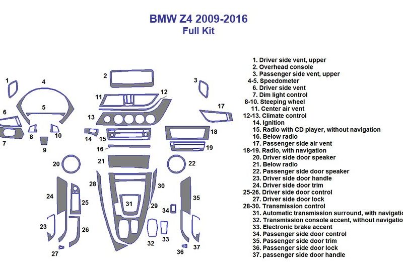 A diagram of the interior of a Fits BMW Z4 2009 2010 2011 2012 2013 2014 2015 2016 showcasing the dash trim kit and accessories for car.