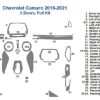 Image displaying a Dash Trim Kit layout of adhesive vinyl cutouts designed to fit a Chevrolet Camaro (2012-2017), with numbered sections indicating various interior parts like screens, vents, and doors.