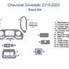 Diagram showing the Fits Chevrolet Silverado 2019-2020 Basic Dash Trim Kit components, labeled with numbers corresponding to a list of part names.