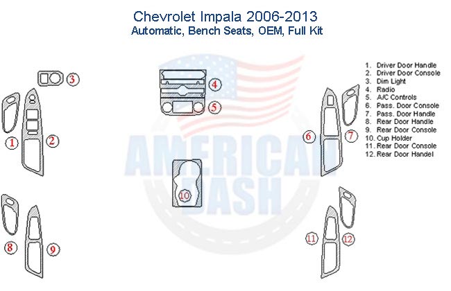 Chevrolet Impala 2006 - 2013 interior trim kit. This interior car kit includes a Fits Chevrolet Impala 2006 2007 2008 2009 2010 2011 2012 2013 Dash Trim Kit, Automatic, Bench Seats, OEM.