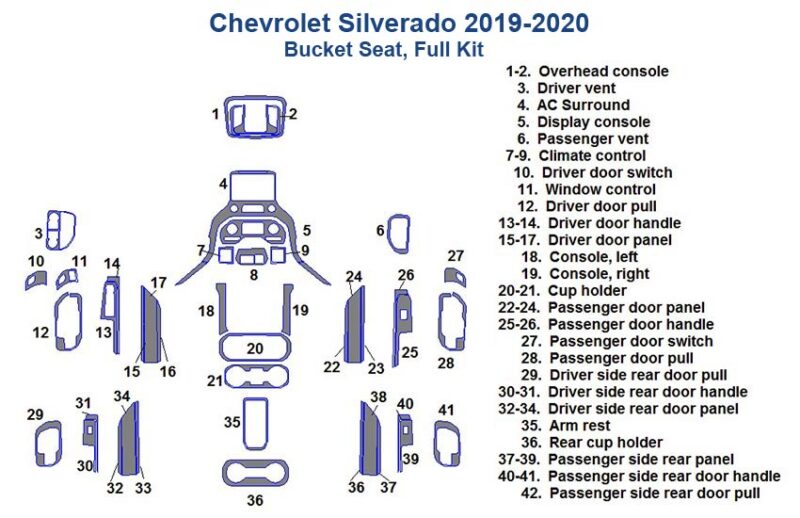 Illustration of Fits Chevrolet Silverado 2019-2020 bucket seat and door panel components with labeled parts.