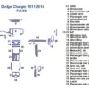 Illustration of a complete Dash Trim Kit for Dodge Charger 2011-2014, with labeled components such as vents, switches, and door pulls.