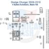 Diagram of a Fits Dodge Charger 2008-Up with a basic dash trim kit for the 4-speed automatic transmission, featuring clearly labeled parts like air vents, console accents, and window switches for easy customization.