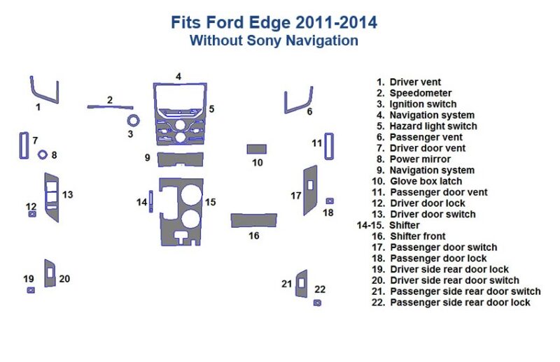 Fits Ford Edge 2011 2012 2013 2014 Dash Trim Kit, Without Sony Navigation.