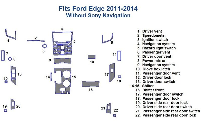 Fits Ford Edge 2011 2012 2013 2014 Dash Trim Kit, Without Sony Navigation.