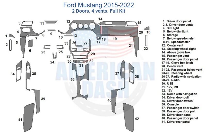 Fits Ford Mustang 2015 2016 2017 2018 2019 2020, Full Dash Trim Kit, 2 Doors, 4 Vents is available for the interior car.