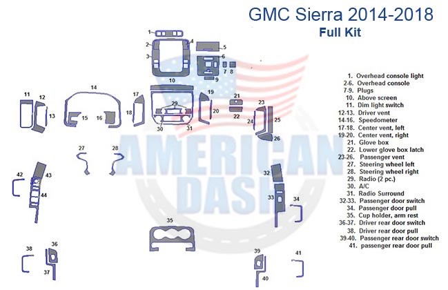 Fits GMC Sierra 2014 2015 2016 2017 2018 Full Dash Trim Kit - Fall car dash kit.