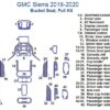 Diagram of Fits GMC Sierra 2019-2020, Bucket Seat, Full Dash Trim Kit bench seat with labeled parts including overhead console, door components, and seat details.