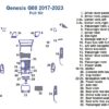 Diagram of Full Dash Trim Kit for Genesis G80 (2017-2023) car, labeling components such as door panels, vents, shifter, consoles, seats, and more with numbered descriptions.