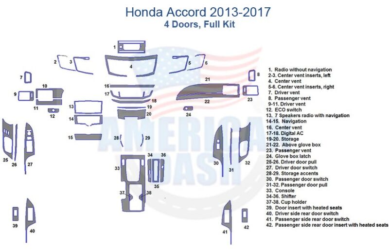 Fits Honda Accord 2013 2014 2015 2016 2017, Full Dash Trim Kit, 4 Doors.