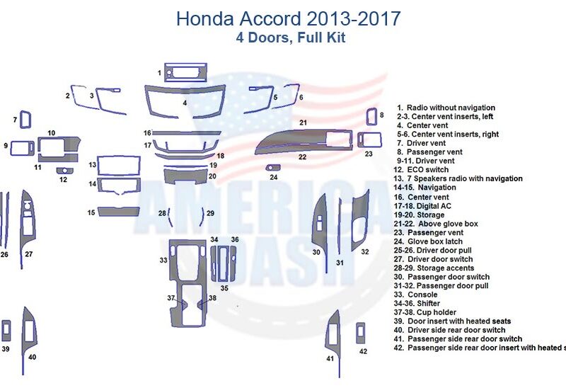 Fits Honda Accord 2013 2014 2015 2016 2017, Full Dash Trim Kit, 4 Doors.