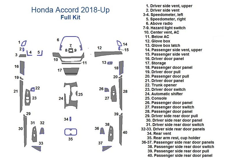 Fits Honda Accord 2018-Up, Full Dash Trim Kit wood dash kit accessories for car parts diagram.
