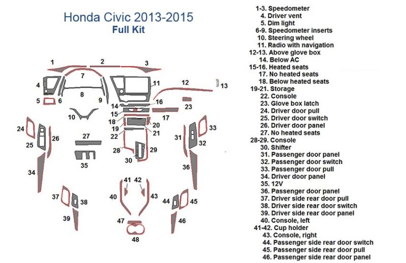 Fits Honda Civic 2013 2014 2015 Full Dash Trim Kit parts diagram.