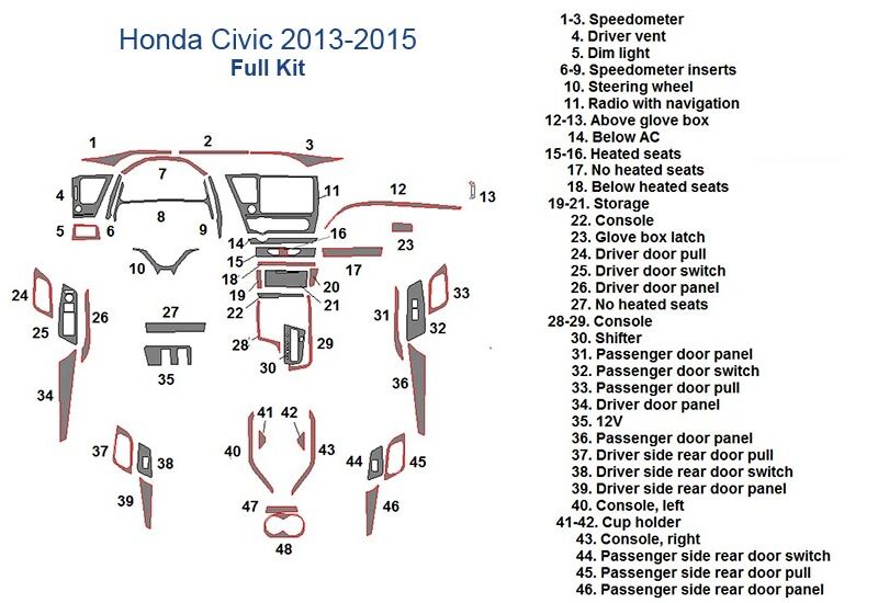 Fits Honda Civic 2013 2014 2015 Full Dash Trim Kit parts diagram.