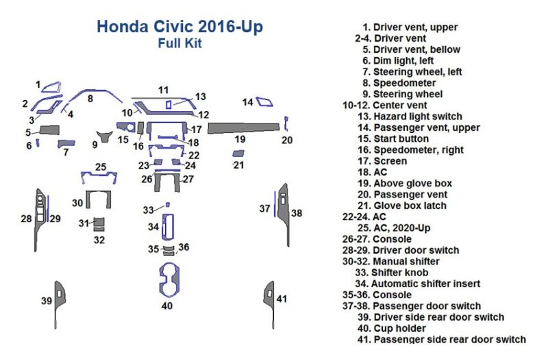 2016-up Honda Civic wiring diagram for car dash kit installation, including a Fits Honda Civic 2016-Up Full Dash Trim Kit or dash trim kit.