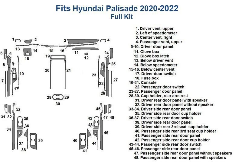 Fits Hyundai Palisade 2020-Up Full Dash Trim Kit parts diagram showcasing the full dash trim kit.