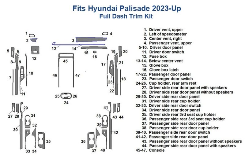 Fits Hyundai Palisade 2023-up Full Dash Trim Kit.